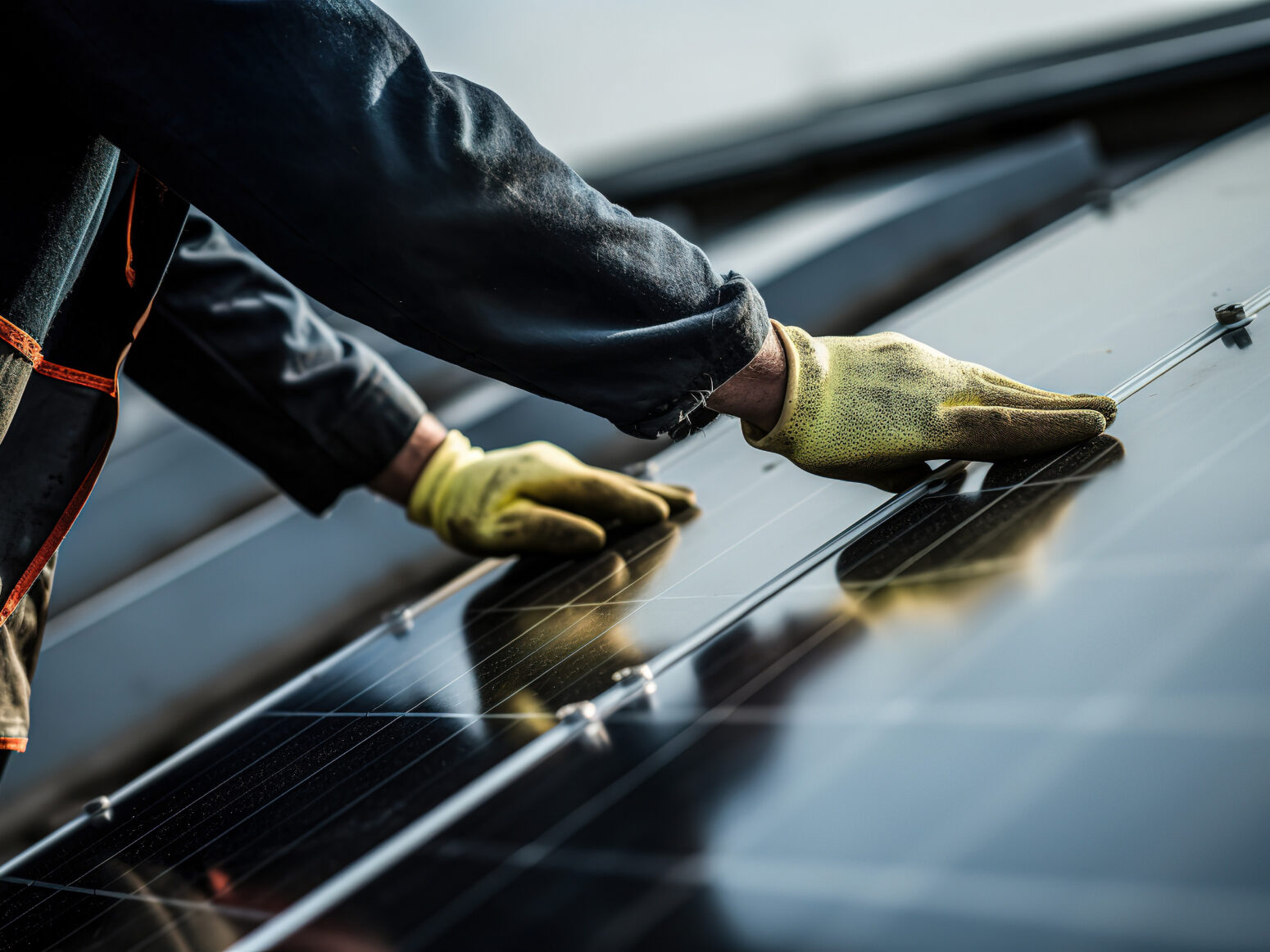 Construction worker installing solar panels